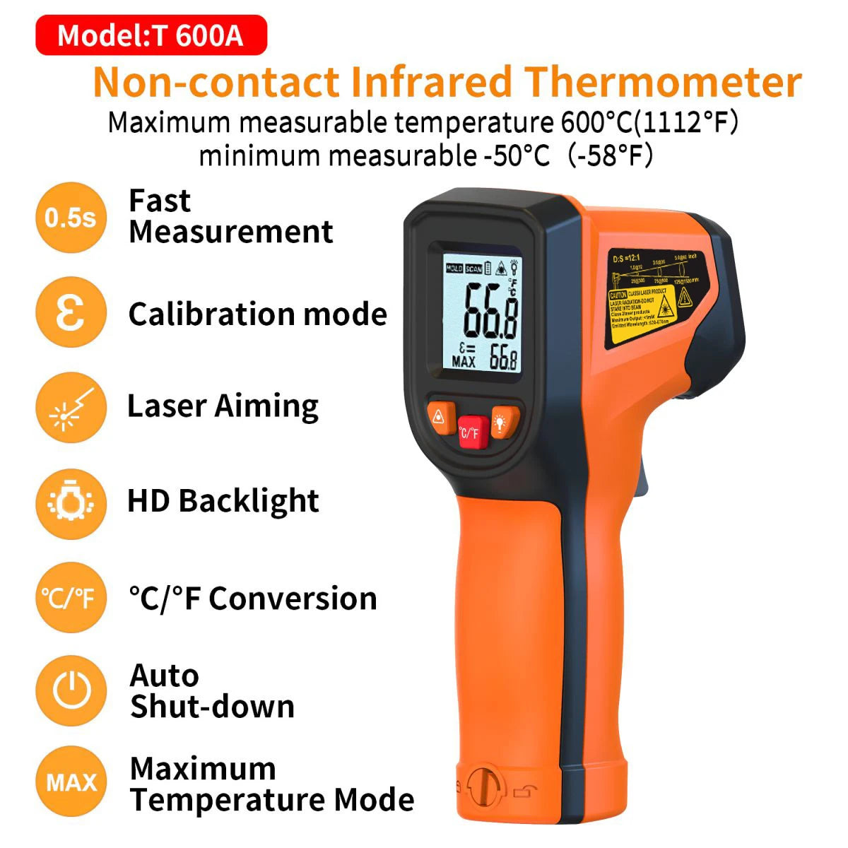 NJTY T600 Infrared Thermometer Handheld Heat Temperature For Cooking Tester Pizza Oven Grill & Engine - Laser Surface Temp Read
