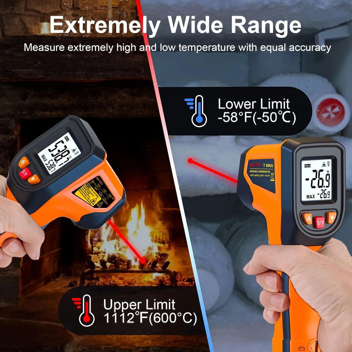 NJTY T600T600A Laser Temperature Gun Infrared Thermometer Sensor Handheld Non-contact IR LCD Industrial Pyrometer Digital 600 °C