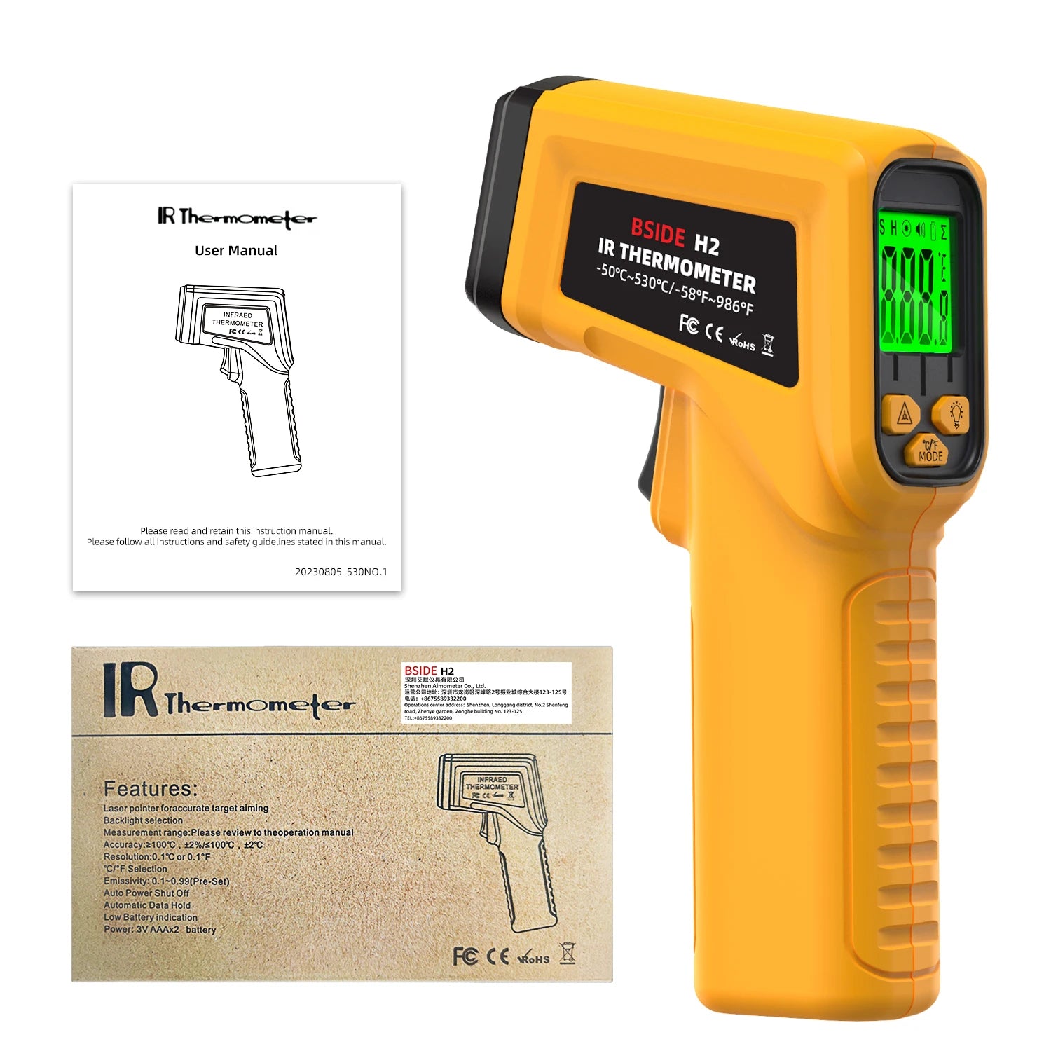 BSIDE Infrared Thermometer Gun -50~1400°C Handheld BBQ Digital Laser Industrial  Non Contact Temperature Measuring Tester Tools