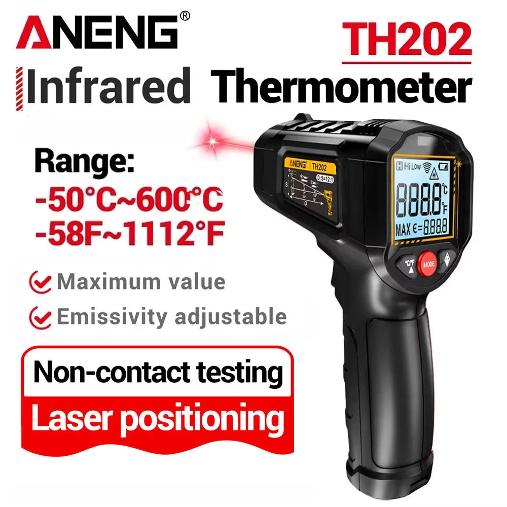 Infrared Thermometer ANENG Non-contact -50~600℃ Digital Laser Temperature Meter TH202 LCD Display Pyrometer Point Gun Tester