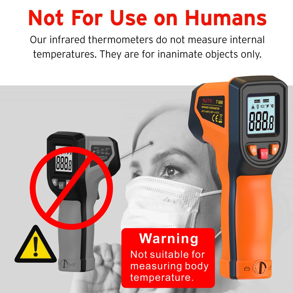 NJTY T600T600A Laser Temperature Gun Infrared Thermometer Sensor Handheld Non-contact IR LCD Industrial Pyrometer Digital 600 °C